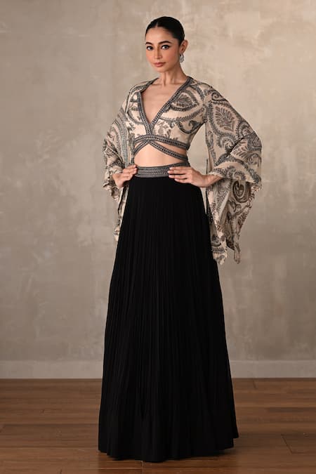 Shop_Onaya_Beige Georgette Embroidery V-neck Paisley Print Cut-out Top And Pleated Skirt Set _Online_at_Aza_Fashions