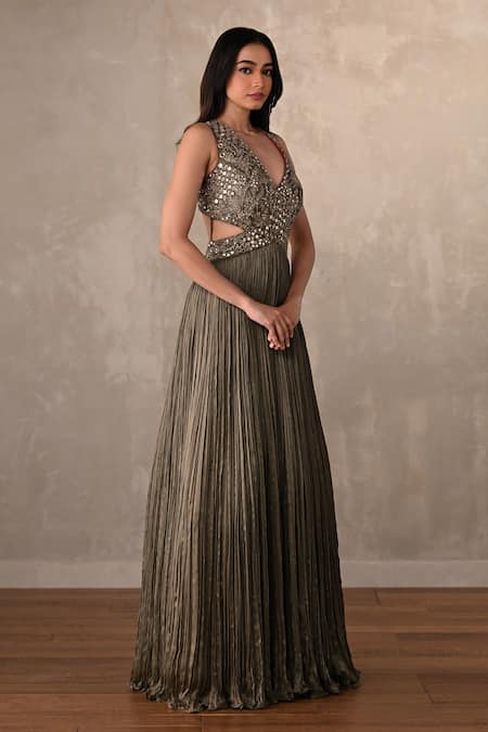 Onaya_Olive Green Satin, Chiffon Embroidery, Sequins Embellished Cut-out Detail Gown _Online_at_Aza_Fashions