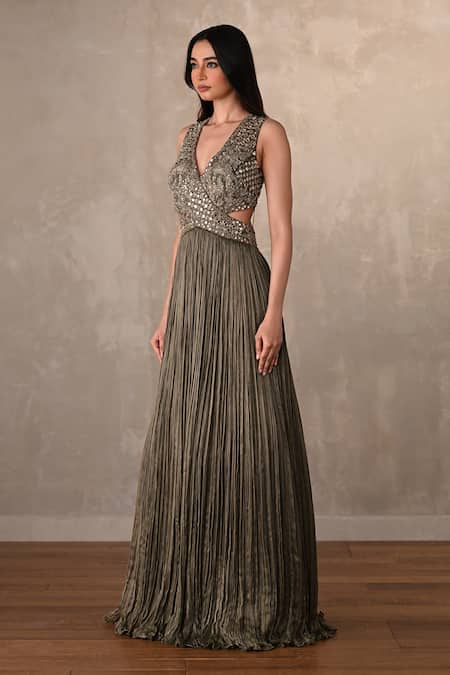Buy_Onaya_Olive Green Satin, Chiffon Embroidery, Sequins Embellished Cut-out Detail Gown _Online_at_Aza_Fashions