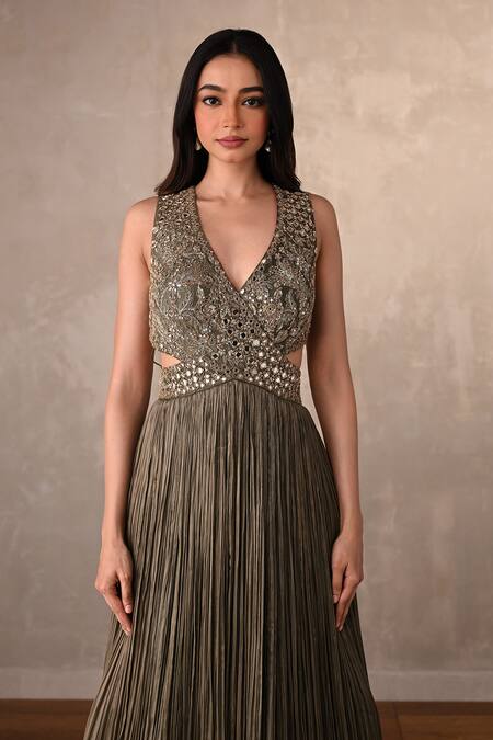 Shop_Onaya_Olive Green Satin, Chiffon Embroidery, Sequins Embellished Cut-out Detail Gown _Online_at_Aza_Fashions