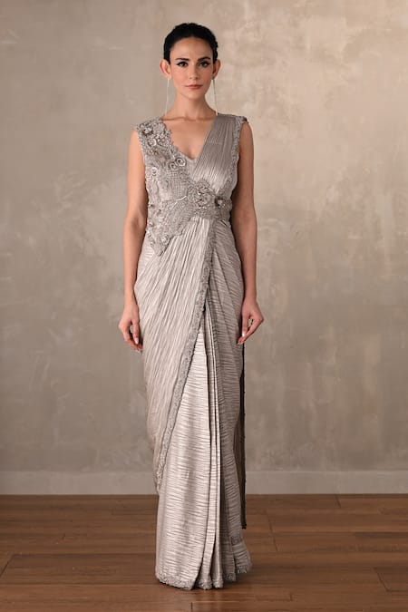 Onaya_Gray Satin Embroidery, Sequins, Stones V-neck, Off-shoulder Pleated Draped Gown  _Online_at_Aza_Fashions