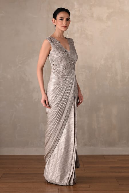 Buy_Onaya_Gray Satin Embroidery, Sequins, Stones V-neck, Off-shoulder Pleated Draped Gown  _Online_at_Aza_Fashions