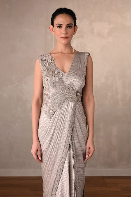Shop_Onaya_Gray Satin Embroidery, Sequins, Stones V-neck, Off-shoulder Pleated Draped Gown  _Online_at_Aza_Fashions