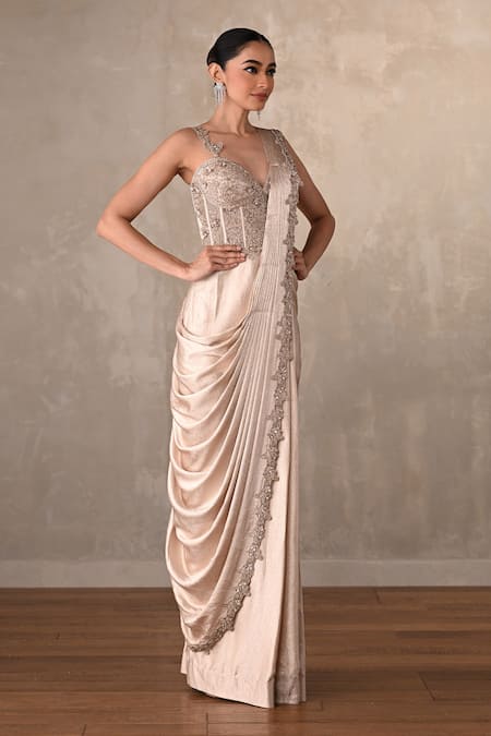 Onaya_Beige Satin Beads, Sequins, Metallic Thread Embellished Corset Drape Gown _Online_at_Aza_Fashions