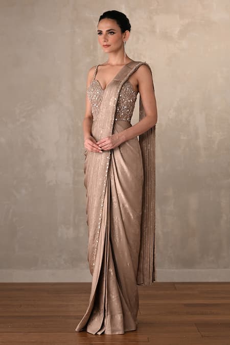 Onaya_Beige Satin Beads, Sequins Sweetheart Neck Embellished Saree Gown  _Online_at_Aza_Fashions