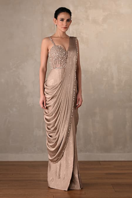 Buy_Onaya_Beige Satin Beads, Sequins Sweetheart Neck Embellished Saree Gown  _Online_at_Aza_Fashions
