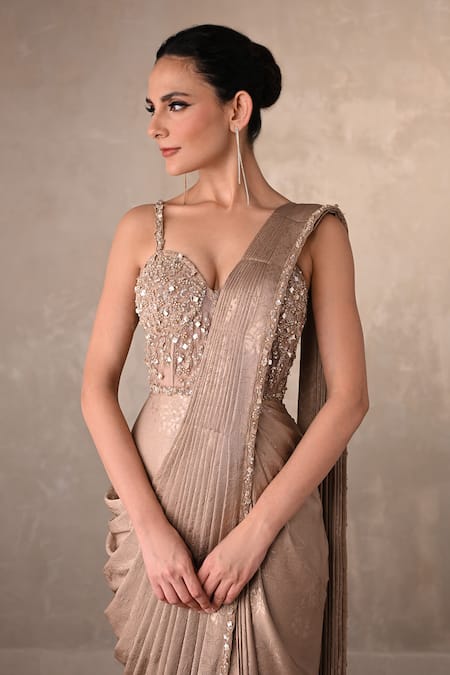 Shop_Onaya_Beige Satin Beads, Sequins Sweetheart Neck Embellished Saree Gown  _Online_at_Aza_Fashions