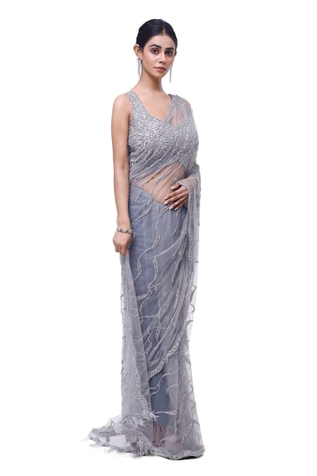 Onaya Net Embroidery, Beads, Fringe V-neck Cutdana And Moti Saree & Blouse Set Online at Aza Fashions Onaya_Net Embroidery, Beads, Fringe V-neck Cutdana And Moti Saree & Blouse Set _Online_at_Aza_Fashions