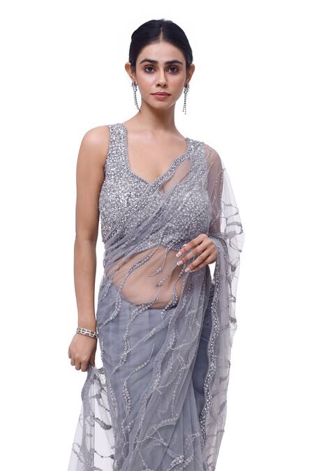 Shop Onaya Net Embroidery, Beads, Fringe V-neck Cutdana And Moti Saree & Blouse Set Online at Aza Fashions Shop_Onaya_Net Embroidery, Beads, Fringe V-neck Cutdana And Moti Saree & Blouse Set _Online_at_Aza_Fashions