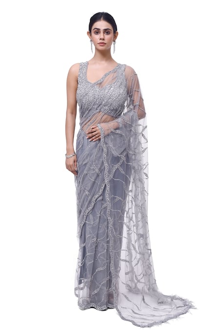 Onaya Cutdana & Moti Embroidered Saree & Blouse Set