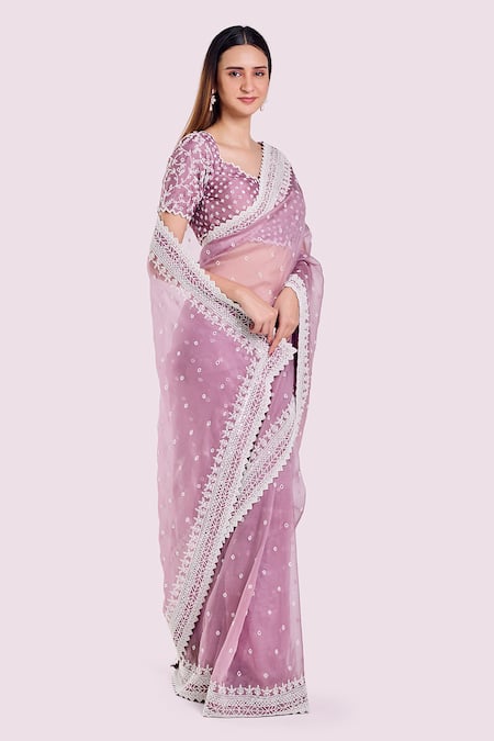 Onaya_Lilac Organza Embroidery, Pearls, Beads Sweetheart Moti Saree And Blouse Set _Online_at_Aza_Fashions