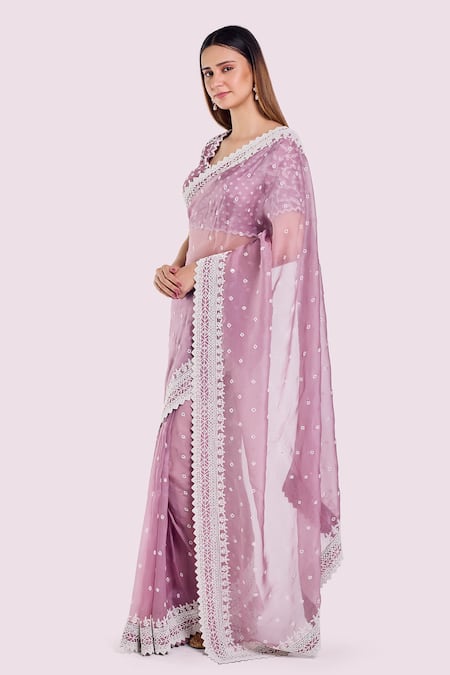 Buy_Onaya_Lilac Organza Embroidery, Pearls, Beads Sweetheart Moti Saree And Blouse Set _Online_at_Aza_Fashions