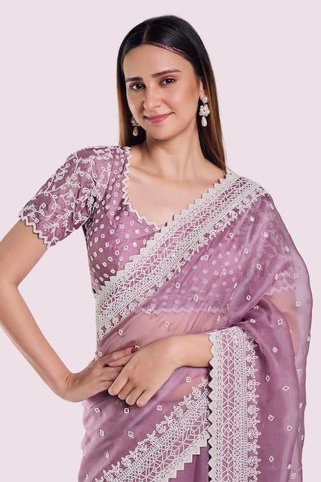 Shop_Onaya_Lilac Organza Embroidery, Pearls, Beads Sweetheart Moti Saree And Blouse Set _Online_at_Aza_Fashions