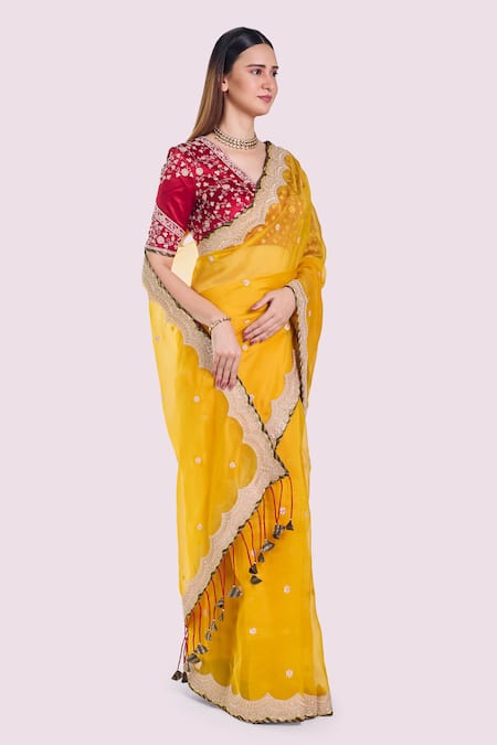 Onaya_Mustard Organza Lace, Embroidery, Zari V-neck Dabka Saree And Blouse Set _Online_at_Aza_Fashions
