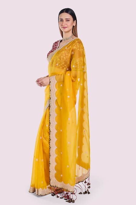 Buy_Onaya_Mustard Organza Lace, Embroidery, Zari V-neck Dabka Saree And Blouse Set _Online_at_Aza_Fashions