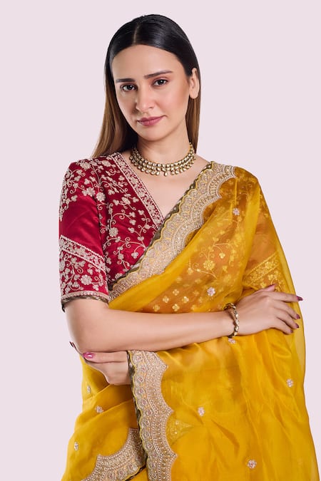 Shop_Onaya_Mustard Organza Lace, Embroidery, Zari V-neck Dabka Saree And Blouse Set _Online_at_Aza_Fashions