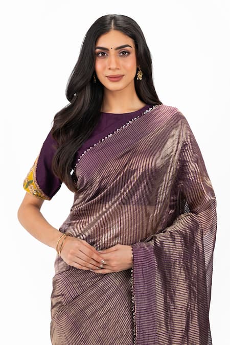 Onaya_Purple Zari, Tassels, Embroidery Round Zardosi Work Striped Saree And Blouse Set _Online_at_Aza_Fashions