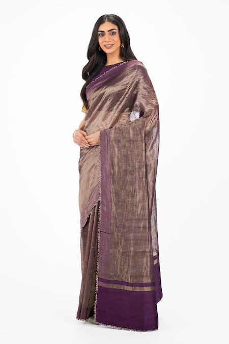 Buy_Onaya_Purple Zari, Tassels, Embroidery Round Zardosi Work Striped Saree And Blouse Set _Online_at_Aza_Fashions