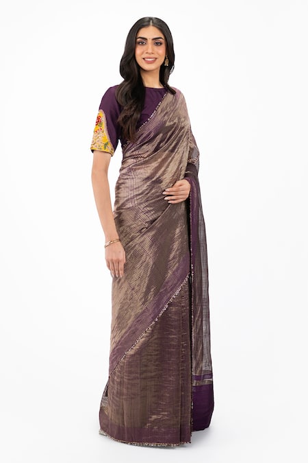Shop_Onaya_Purple Zari, Tassels, Embroidery Round Zardosi Work Striped Saree And Blouse Set _Online_at_Aza_Fashions