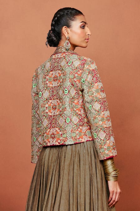 Buy_Sue Mue_Gold Silk, Crepe, Tissue Sequins, Bijli Tribal Pattern Jacket Lehenga Set _Online_at_Aza_Fashions