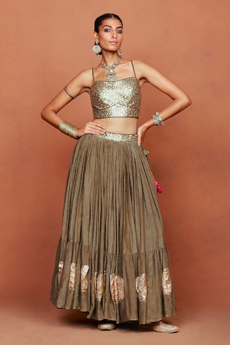 Shop_Sue Mue_Gold Silk, Crepe, Tissue Sequins, Bijli Tribal Pattern Jacket Lehenga Set _Online_at_Aza_Fashions