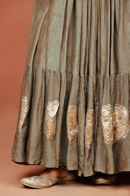 Sue Mue_Gold Silk, Crepe, Tissue Sequins, Bijli Tribal Pattern Jacket Lehenga Set _at_Aza_Fashions