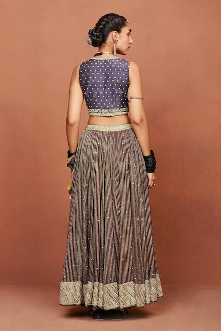 Sue Mue_Black Silk, Georgette, Tissue Chaand Tribal Geometric And Floral Lehenga Set _Online_at_Aza_Fashions