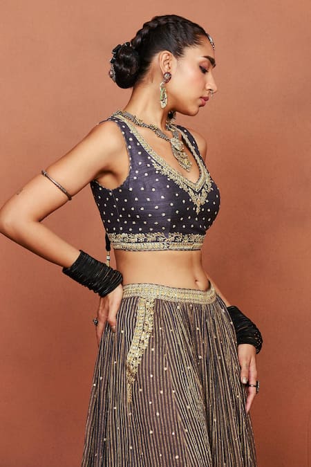 Buy_Sue Mue_Black Silk, Georgette, Tissue Chaand Tribal Geometric And Floral Lehenga Set _Online_at_Aza_Fashions