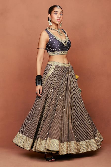 Shop_Sue Mue_Black Silk, Georgette, Tissue Chaand Tribal Geometric And Floral Lehenga Set _Online_at_Aza_Fashions