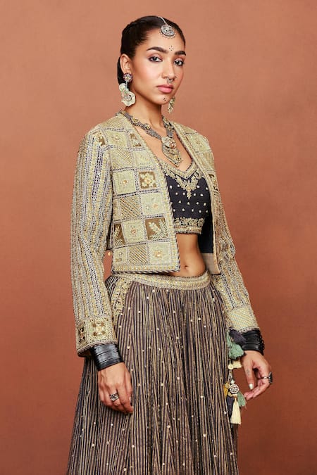 Sue Mue_Black Silk, Georgette, Tissue Chaand Tribal Geometric And Floral Lehenga Set _at_Aza_Fashions