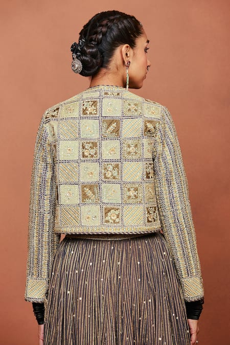 Buy_Sue Mue_Black Silk, Georgette, Tissue Chaand Tribal Geometric And Floral Lehenga Set 