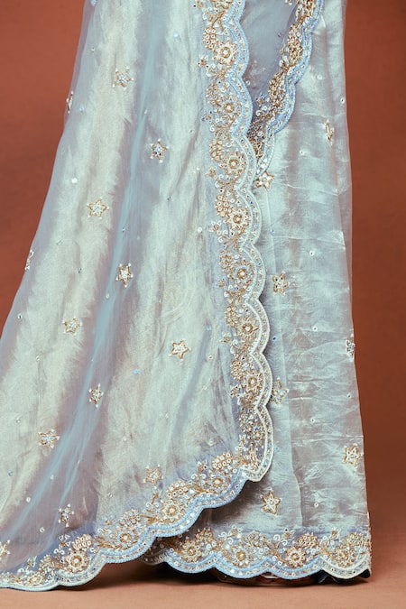 Sue Mue_Sky Blue Tissue, Silk, Satin Embroidery, Neel Thikri Work Saree And Blouse Set _at_Aza_Fashions