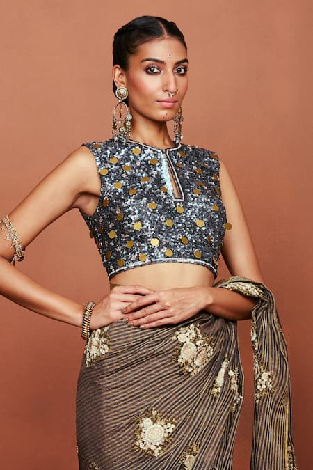 Buy Sue Mue Black Georgette, Silk Embroidery, Sequins, Siyara Floral Saree And Blouse Set Online at Aza Fashions Buy_Sue Mue_Black Georgette, Silk Embroidery, Sequins, Siyara Floral Saree And Blouse Set _Online_at_Aza_Fashions