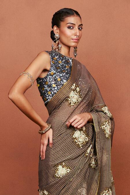 Shop Sue Mue Black Georgette, Silk Embroidery, Sequins, Siyara Floral Saree And Blouse Set Online at Aza Fashions Shop_Sue Mue_Black Georgette, Silk Embroidery, Sequins, Siyara Floral Saree And Blouse Set _Online_at_Aza_Fashions