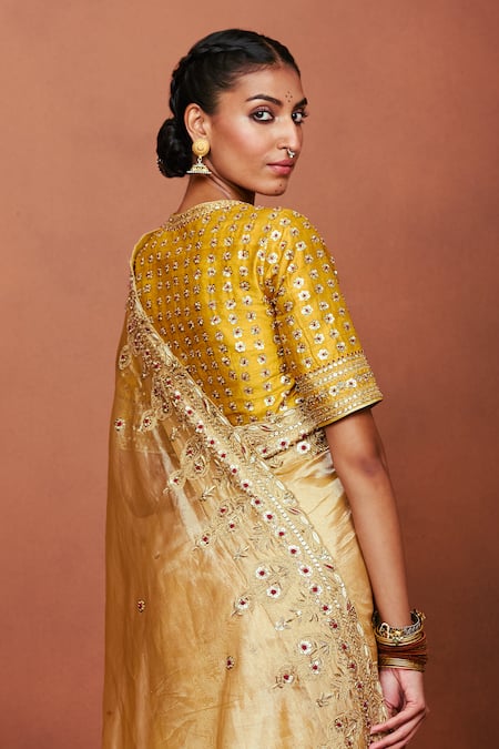 Sue Mue_Gold Tissue, Silk Zari, Beads, Sequins, Taraani Floral Saree With Blouse _Online_at_Aza_Fashions