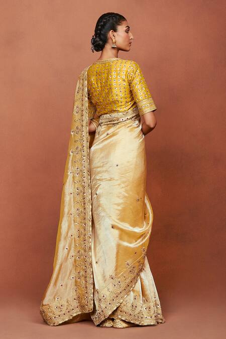 Buy_Sue Mue_Gold Tissue, Silk Zari, Beads, Sequins, Taraani Floral Saree With Blouse _Online_at_Aza_Fashions