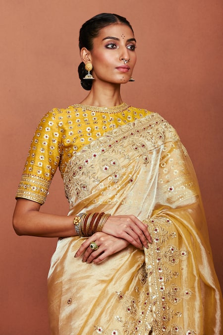 Shop_Sue Mue_Gold Tissue, Silk Zari, Beads, Sequins, Taraani Floral Saree With Blouse _Online_at_Aza_Fashions