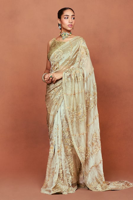 Sue Mue Olive Green Tissue, Silk, Crepe Zari, Roohi Handwoven Saree And Blouse Set Online at Aza Fashions Sue Mue_Olive Green Tissue, Silk, Crepe Zari, Roohi Handwoven Saree And Blouse Set _Online_at_Aza_Fashions