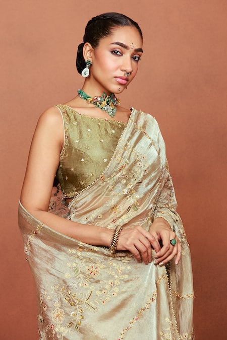 Buy Sue Mue Olive Green Tissue, Silk, Crepe Zari, Roohi Handwoven Saree And Blouse Set Online at Aza Fashions Buy_Sue Mue_Olive Green Tissue, Silk, Crepe Zari, Roohi Handwoven Saree And Blouse Set _Online_at_Aza_Fashions