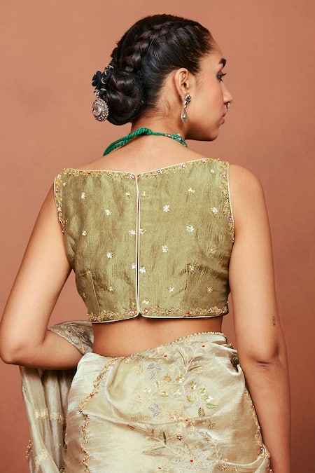 Sue Mue Olive Green Tissue, Silk, Crepe Zari, Roohi Handwoven Saree And Blouse Set at Aza Fashions Sue Mue_Olive Green Tissue, Silk, Crepe Zari, Roohi Handwoven Saree And Blouse Set _at_Aza_Fashions