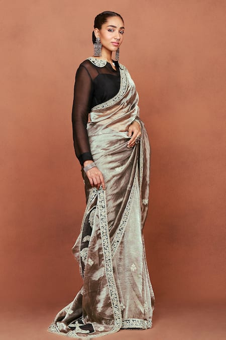 Sue Mue Gray Tissue, , Organza Applique, Ziya Handwoven Saree And Blouse Set Online at Aza Fashions Sue Mue_Gray Tissue, , Organza Applique, Ziya Handwoven Saree And Blouse Set _Online_at_Aza_Fashions