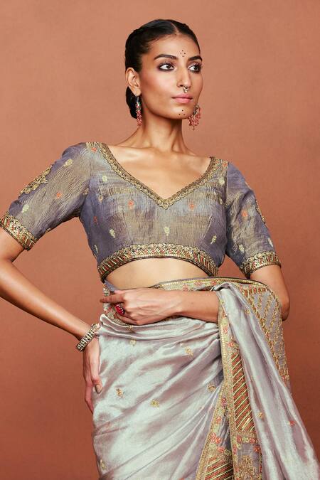 Buy_Sue Mue_Gray Tissue, Silk, Crepe Sequins, Stones, Taraab Tribal Saree With Blouse _Online_at_Aza_Fashions