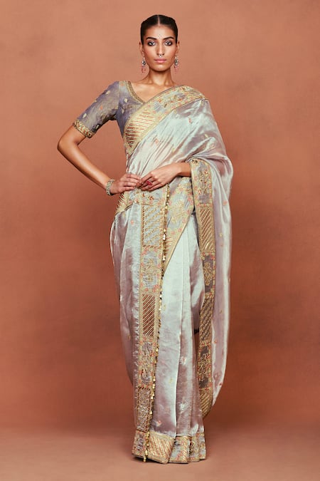 Shop_Sue Mue_Gray Tissue, Silk, Crepe Sequins, Stones, Taraab Tribal Saree With Blouse _Online_at_Aza_Fashions