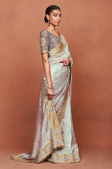 Sue Mue_Gray Tissue, Silk, Crepe Sequins, Stones, Taraab Tribal Saree With Blouse _at_Aza_Fashions