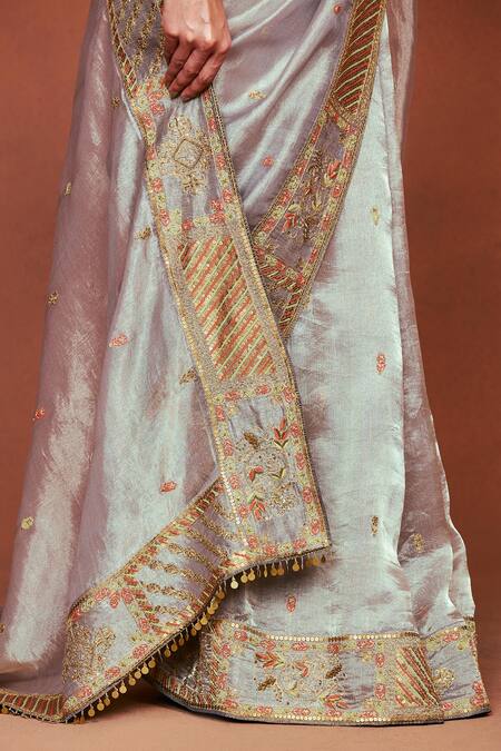 Buy_Sue Mue_Gray Tissue, Silk, Crepe Sequins, Stones, Taraab Tribal Saree With Blouse 