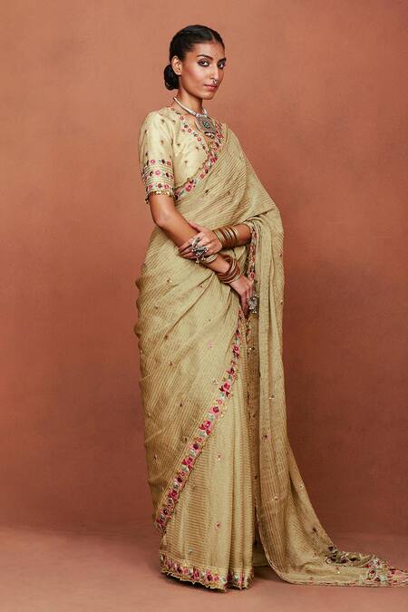 Sue Mue_Beige Georgette, Silk Embroidery, Sequins, Meherun Paisley Saree With Bouse _Online_at_Aza_Fashions