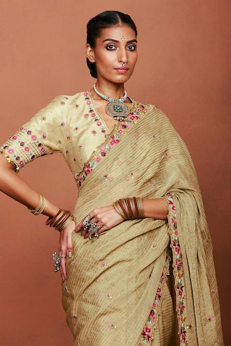 Buy_Sue Mue_Beige Georgette, Silk Embroidery, Sequins, Meherun Paisley Saree With Bouse _Online_at_Aza_Fashions