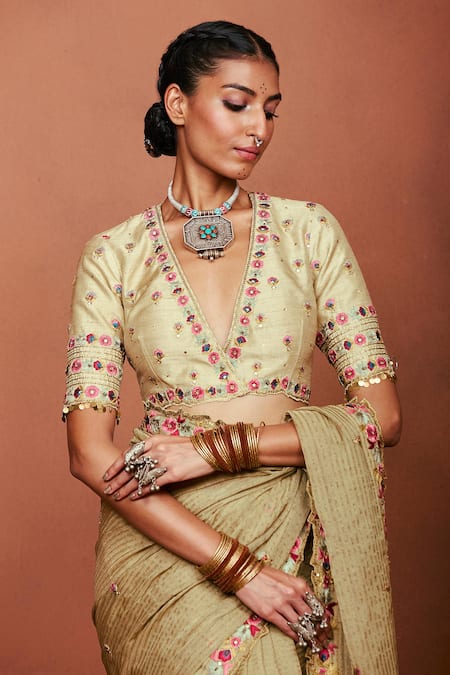 Shop_Sue Mue_Beige Georgette, Silk Embroidery, Sequins, Meherun Paisley Saree With Bouse _Online_at_Aza_Fashions