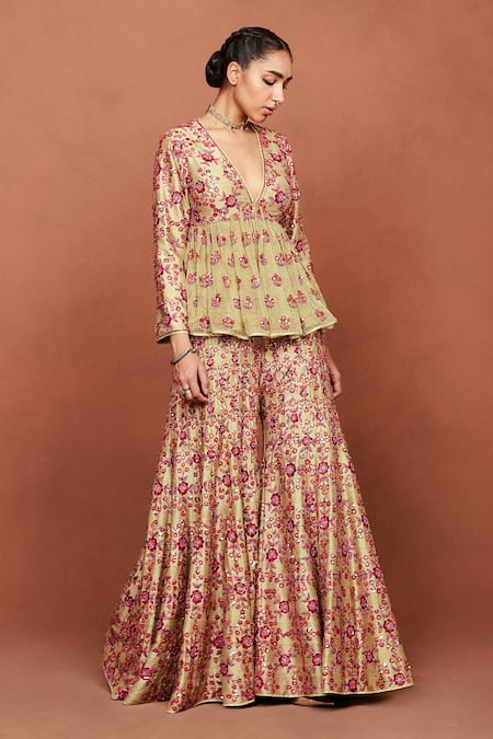 Sue Mue_Beige Georgette, Silk Embroidery, Beads, Ahaani Aari Kurta And Sharara Set _Online_at_Aza_Fashions