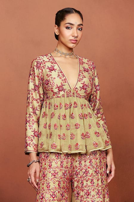 Buy_Sue Mue_Beige Georgette, Silk Embroidery, Beads, Ahaani Aari Kurta And Sharara Set _Online_at_Aza_Fashions